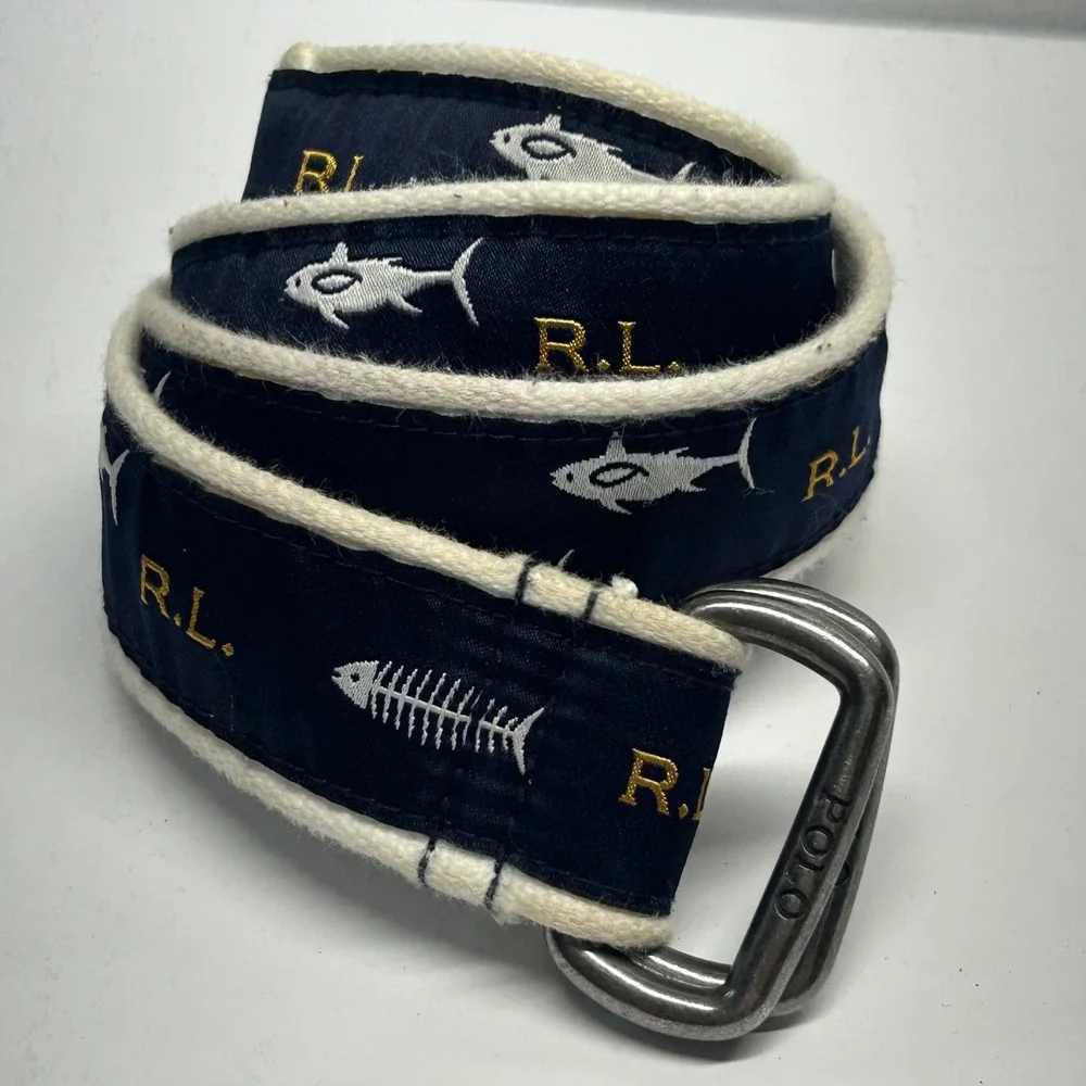 Polo Ralph Lauren D-Ring Belt Navy Blue Unisex Small Tuna Fish Nautical Preppy